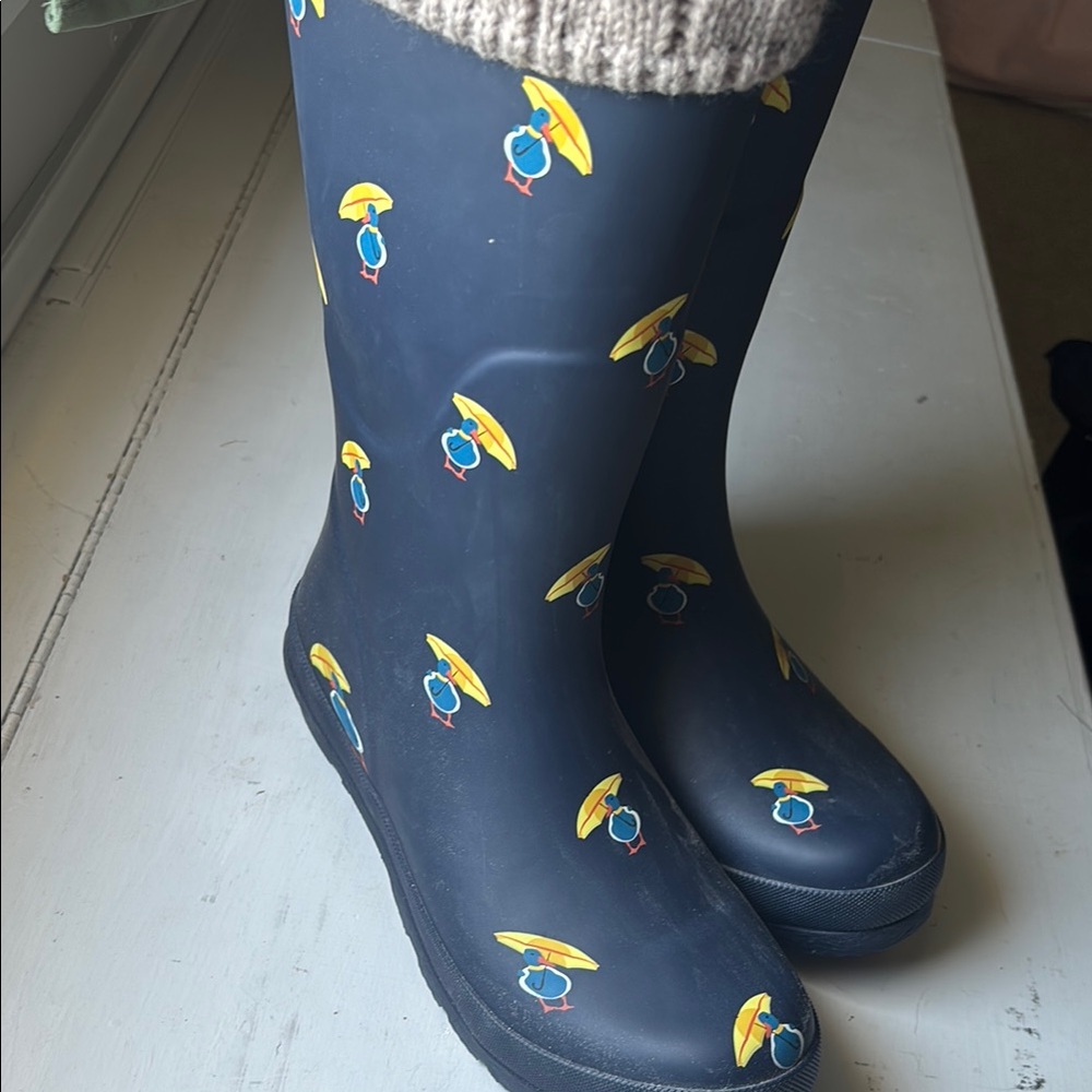 Tan and Navy Rain Boots with Knit Cuff NWT